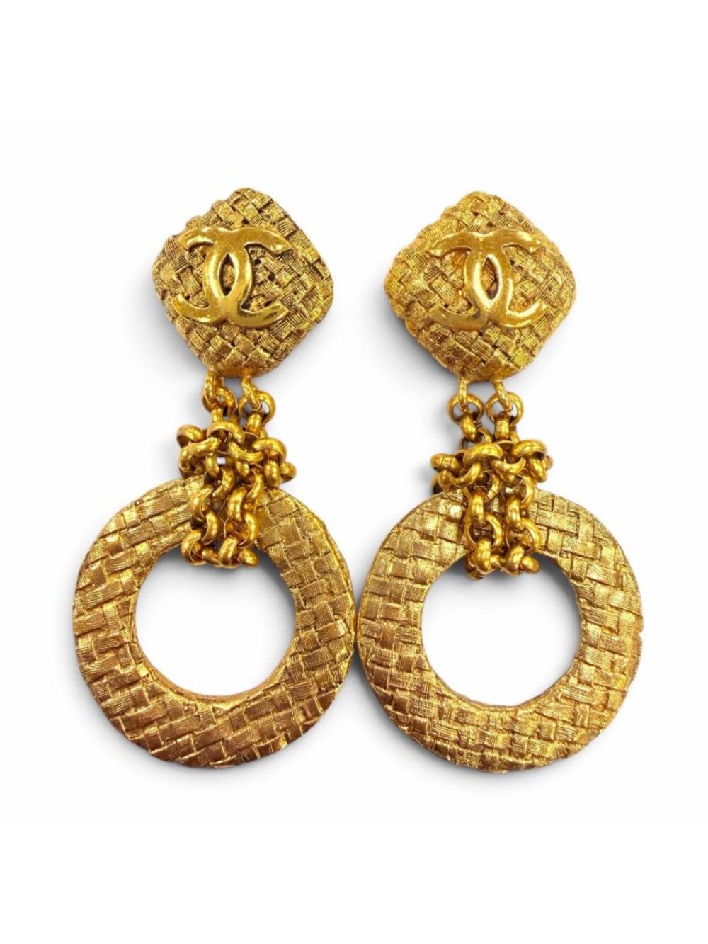 Chanel Vintage 29 Metal CC Logo Chain Hoop Earrings Gold